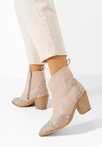 Botine cu toc gros Mesina bej