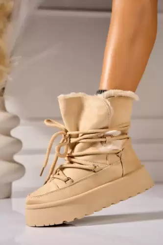 Cizme Dama Imblanite Bej din Piele Ecologica Intoarsa Naviana