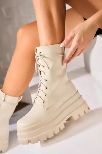 Ghete Dama Imblanite Bej din Piele Ecologica Imona