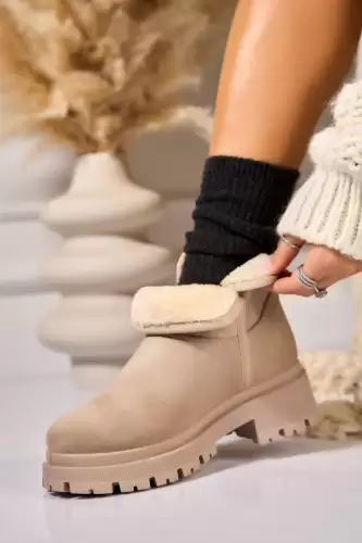 Ghete Dama Imblanite Bej din Piele Ecologica Intoarsa Arely