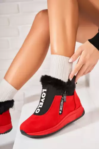 Ghete Dama Imblanite Rosii din Piele Ecologica Intoarsa Hania