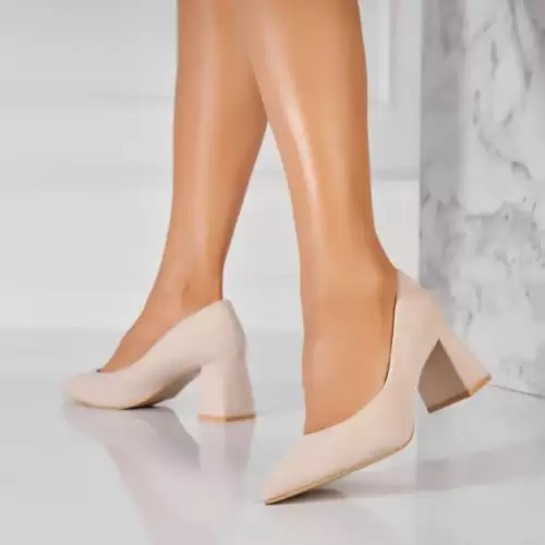 Pantofi dama cu toc Bej din Piele Ecologica Intoarsa Yuven