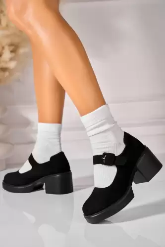 Pantofi dama cu toc Negri din Piele Ecologica Intoarsa Luciella