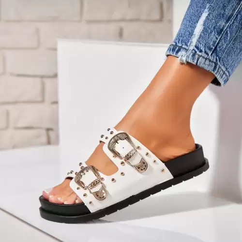 Papuci/Slapi Albi din Piele Ecologica Chevi